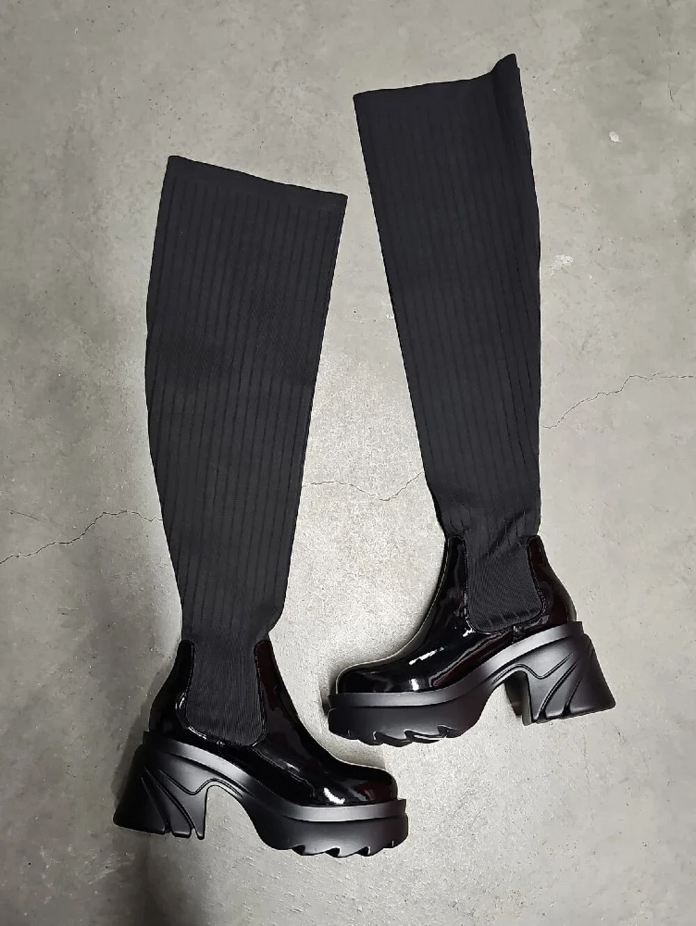[NEW] Over-the-Knee Black Platform Boots - Stretch Sock Shaft